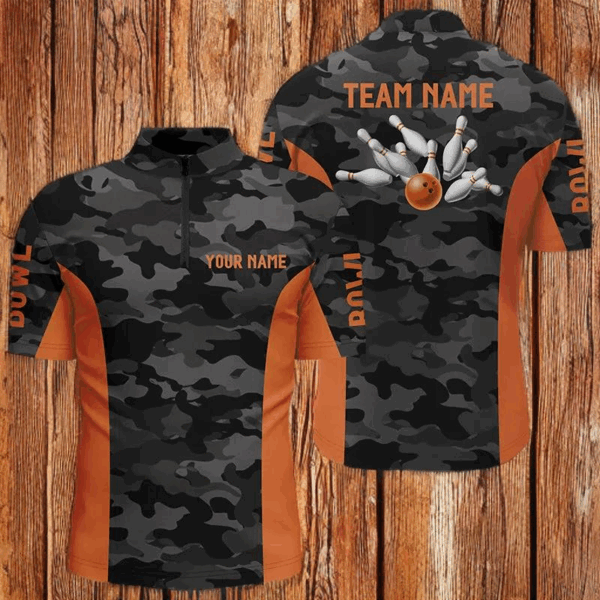 Men bowling Quarter Zip shirts Custom gray camo Bowling Team Jersey, Bowling Team League Shirt| Orange NQS6149