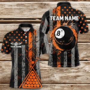Custom Orange Grunge US Flag Patriotic Billiard Shirts For Men, Retro 8 Ball Pool Billiard Jersey TDM4046