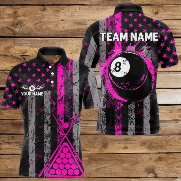 Custom Pink Grunge US Flag Patriotic Billiard Shirts For Men, Retro 8 Ball Pool Billiard Jersey TDM4045