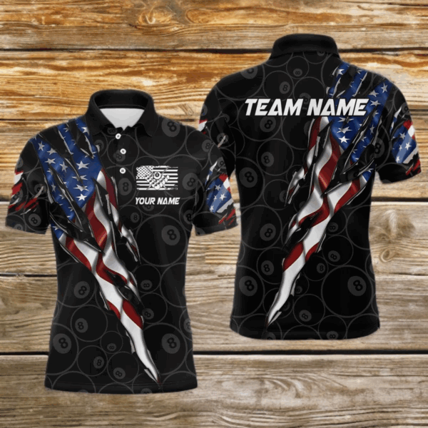 American Flag Scratch Billiard Shirt For Men, Custom 8 Ball Pool Team Jersey Polo & 1/4 Zip TDM4030