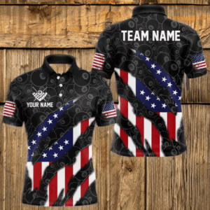 Personalized American Flag Billiard Shirts For Men, Patriotic 8 Ball Pool Team Jersey | Black TDM4027