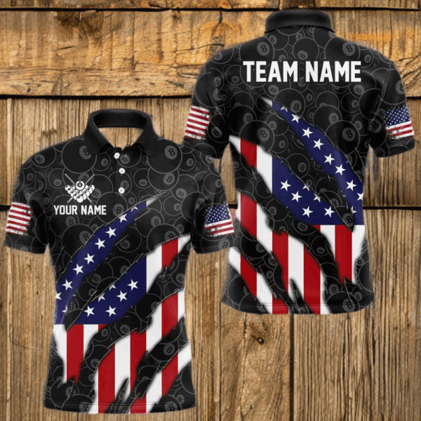 Personalized American Flag Billiard Shirts For Men, Patriotic 8 Ball Pool Team Jersey | Black TDM4027