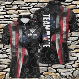 Personalized Vintage Smoke US Flag Billiard Polo Shirts For Men, Custom 8 Ball Pool Team Jerseys VHM0240