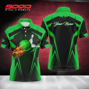 Personalized Men Bowling Polo Shirt Flame Bowling Ball and Pins, bowling polo for men bowlers | Green NQS4503