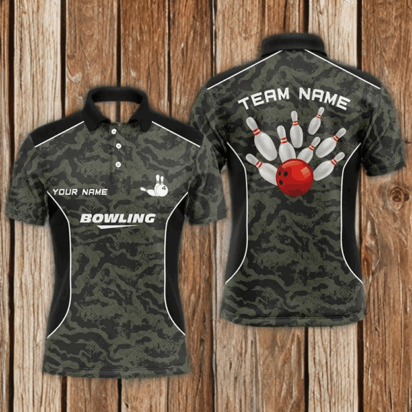 Mens polo bowling shirts Custom bowling ball and pins camo Bowling Team Jersey for men NQS5248