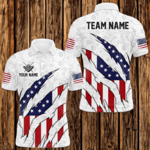 Personalized American Flag Billiard Shirts For Men, Patriotic 8 Ball Pool Team Jersey | White TDM4026