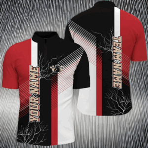 Red and black plaid pattern custom team name bowling Quarter Zip for men, team bowling jerseys NQS4819