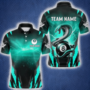 Customized Thunder Lightning Cobra Snake Men Billiard Shirt, 8 Ball Billiard Team Jersey|Turquoise TDM4020