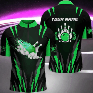 Bowling Quarter Zip shirts for men custom name Flame Bowling Ball and Pins bowling jerseys | Green NQS4541