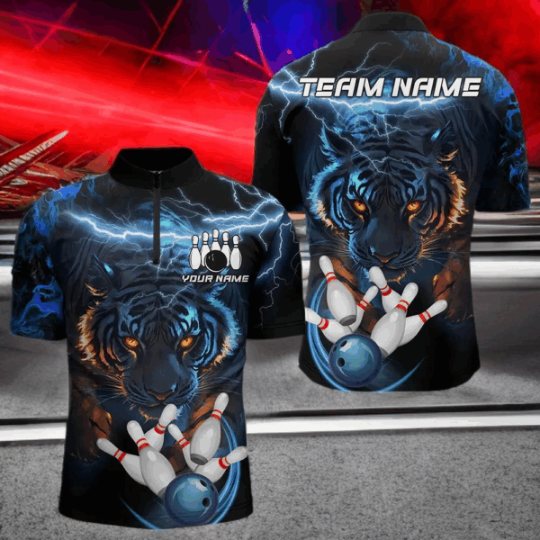 Personalized Blue Lightning Thunder Storm Tiger Bowling Shirts For Men Custom Bowling Team Jerseys NQS9466