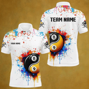 Funny Yin Yang 8 Ball & 9 Ball Colorful Splash Custom Men's Billiard Shirts, Pool Jerseys|White TDM4018
