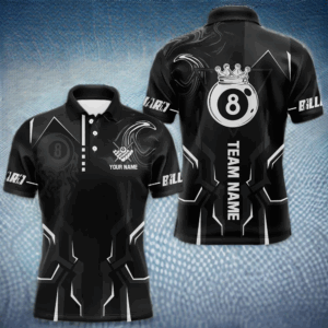 Customized 8 Ball Pool Crown Men Billiard Shirt, White And Black Billiard Team Shirt, Pool Jersey TDM4053