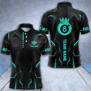 Custom 8 Ball Pool Crown Men Billiard Shirts, Turquoise And Black Billiard Team Shirt, Pool Jersey TDM4052