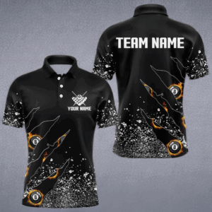 Custom 8 Ball Fire Black Grunge Billiard Shirts For Men, Billiard Team Shirts Pool Jerseys TDM4015