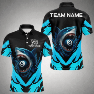Personalized Blue 8 Ball Pool Billiard Shark Polo & 1/4 Zip For Men, Billiard Team Pool Jerseys TDM4013