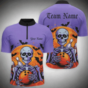 Purple Custom Halloween Bowling Shirts For Men, Skull Bowling Team Shirt Halloween Outfit IPHW7599