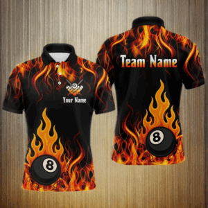 Orange 8 Ball Flame Fire Billiard Shirts For Men Custom Polo & 1/4 Zip Billiard Team Jerseys TDM4012