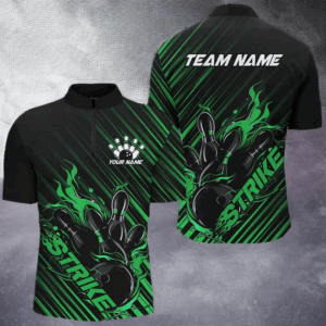 Custom Black And Green Flame Bowling Shirts For Men, Strike Bowling Team Shirts Outfit Bowling IPHW7425