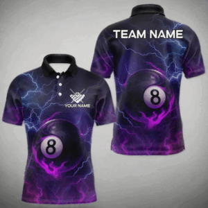 Personalized 3D Purple Billiard Jerseys For Men, Lightning 8 Ball Pool Billiard Team Shirts TDM4010