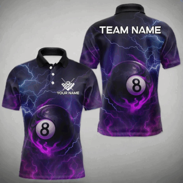 Personalized 3D Purple Billiard Jerseys For Men, Lightning 8 Ball Pool Billiard Team Shirts TDM4010