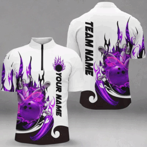 Custom Purple Flame Bowling Shirts For Men, Galaxy Bowling Team Shirts Bowling Uniform IPHW7084