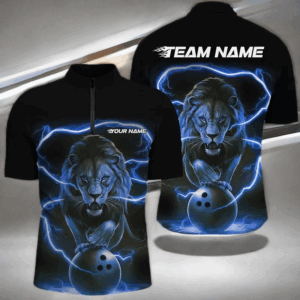 Custom Lion Bowling Quarter Zip Shirts For Men, Personalized Bowling Shirts Bowling Uniform | Blue IPHW6785