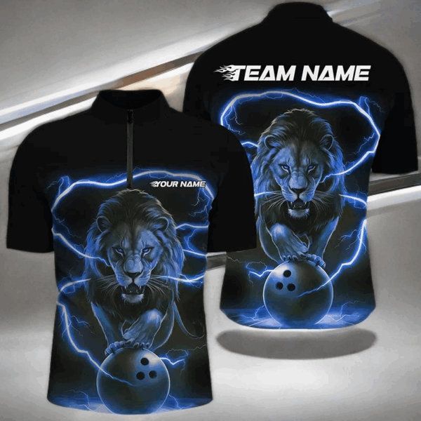 Custom Lion Bowling Quarter Zip Shirts For Men, Personalized Bowling Shirts Bowling Uniform | Blue IPHW6785