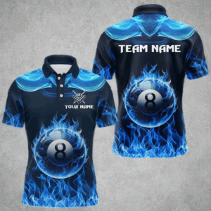Blue Flaming 8 Ball Pool Billiard Shirts For Men Custom Polo & Quarter Zip Billiard Team Jerseys TDM3999