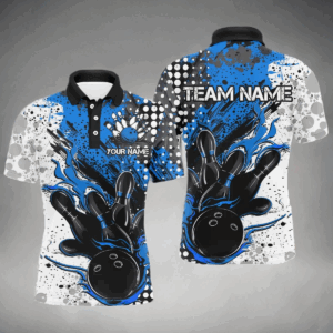 Blue And Black Flame Bowling Team Shirts, Strike Bowling Short Sleeve Polo Shirts For Men IPHW6754