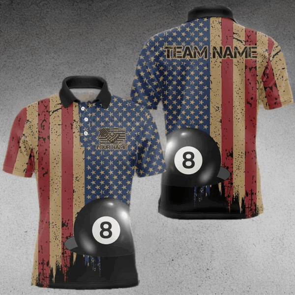 Vintage American Flag 8 Ball Billiard Shirts For Men Custom Patriotic Pool Team Jerseys TDM3998