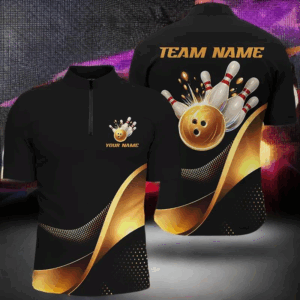 Black And Gold Bowling Ball And Pins Custom Bowling Shirts Bowling Team Tournament Jerseys IPHW6615