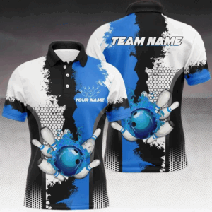 Black white bowling fire league jerseys custom Men Bowling Polo Shirt, gifts for bowler | Blue NQS7189