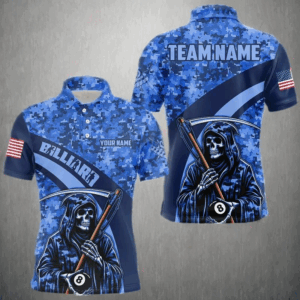 Personalized Death Skeleton Blue Camo Billiard Shirts For Men Custom Military Billiard Jerseys TDM3985