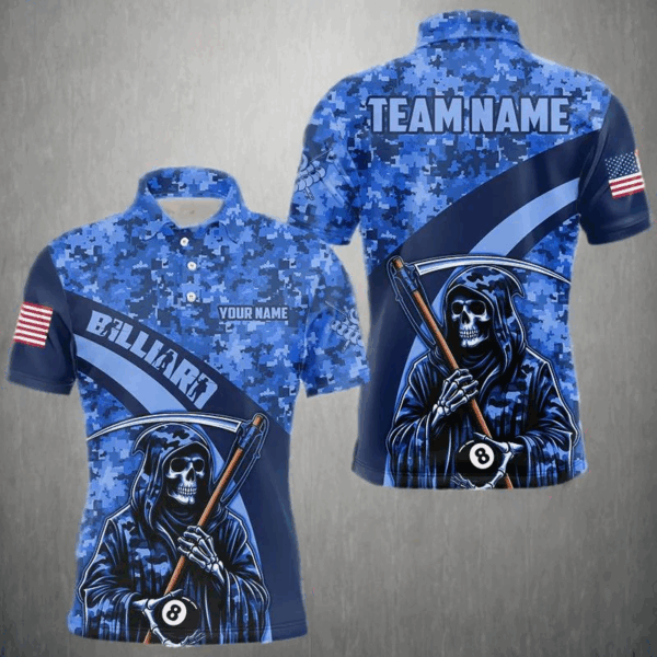 Personalized Death Skeleton Blue Camo Billiard Shirts For Men Custom Military Billiard Jerseys TDM3985