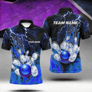 Men Bowling Polo Shirt Custom blue lightning thunder Bowling Team Jersey, gift for team Bowlers NQS7078