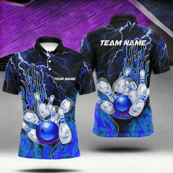 Men Bowling Polo Shirt Custom blue lightning thunder Bowling Team Jersey, gift for team Bowlers NQS7078
