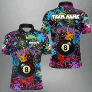 Funny 8 Ball Crown Colorful Paint Splash Custom Billiard Shirt For Men, Billiard Team Jerseys TDM3982