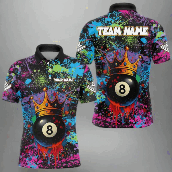 Funny 8 Ball Crown Colorful Paint Splash Custom Billiard Shirt For Men, Billiard Team Jerseys TDM3982