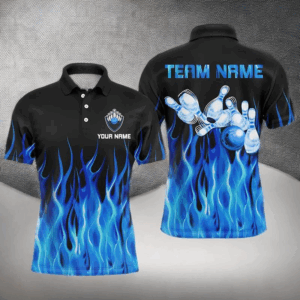 Personalized Men polo Bowling Shirt Blue Flame Bowling Ball Pins bowling jerseys for men Bowler NQS6982