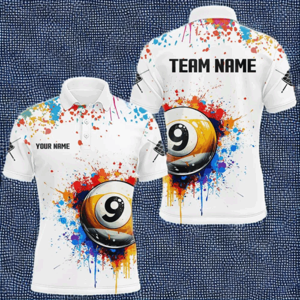 Funny 9 Ball Pool Colorful Paint Splash Custom Billiard Shirt For Men, Billiard Team Jersey|White TDM3977