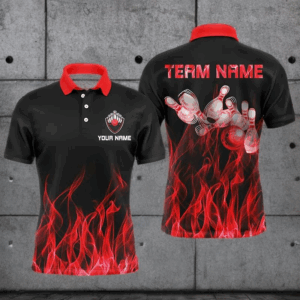 Personalized Men polo Bowling Shirt Red Flame Bowling Ball and Pins bowling jerseys for men Bowler NQS5488