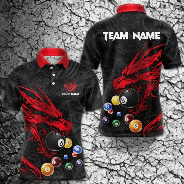Personalized Red Black Dragon Billiard Balls Pool Shirts For Men, Billiard League Team Jerseys TDM3414