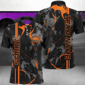 Custom Orange Strike Bowling Shirts Men Polo Orange Camo Bowling Team Jerseys Bowling League IPHW5385