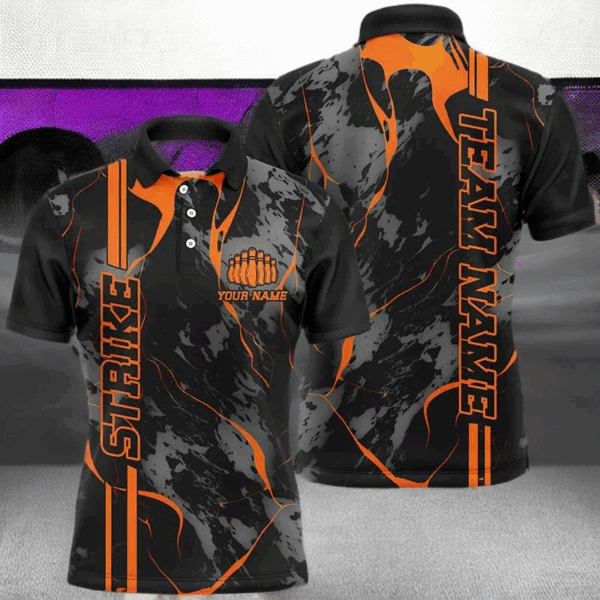Custom Orange Strike Bowling Shirts Men Polo Orange Camo Bowling Team Jerseys Bowling League IPHW5385