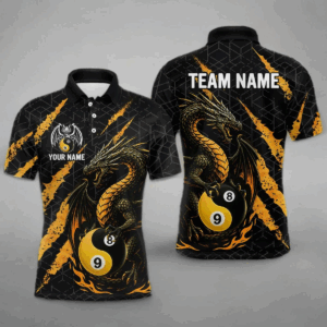 Custom Yellow Black Yin Yang 8 Ball & 9 Ball Dragon Billiard Shirts For Men |Pool Team Jerseys TDM3958