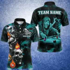 Personalized Turquoise Smoke Skull Billiard Shirts For Men Custom Death Skeleton Billiard Jerseys TDM3871