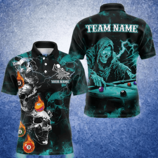 Personalized Turquoise Smoke Skull Billiard Shirts For Men Custom Death Skeleton Billiard Jerseys TDM3871