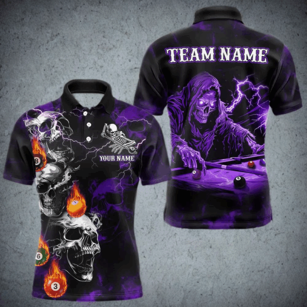 Personalized Purple Smoke Skull Billiard Shirts For Men Custom Death Skeleton Billiard Jerseys TDM3870