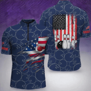Bowling Quarter Zip shirts for men custom blue vintage American flag bowling jerseys NQS6323