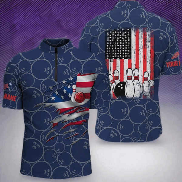Bowling Quarter Zip shirts for men custom blue vintage American flag bowling jerseys NQS6323
